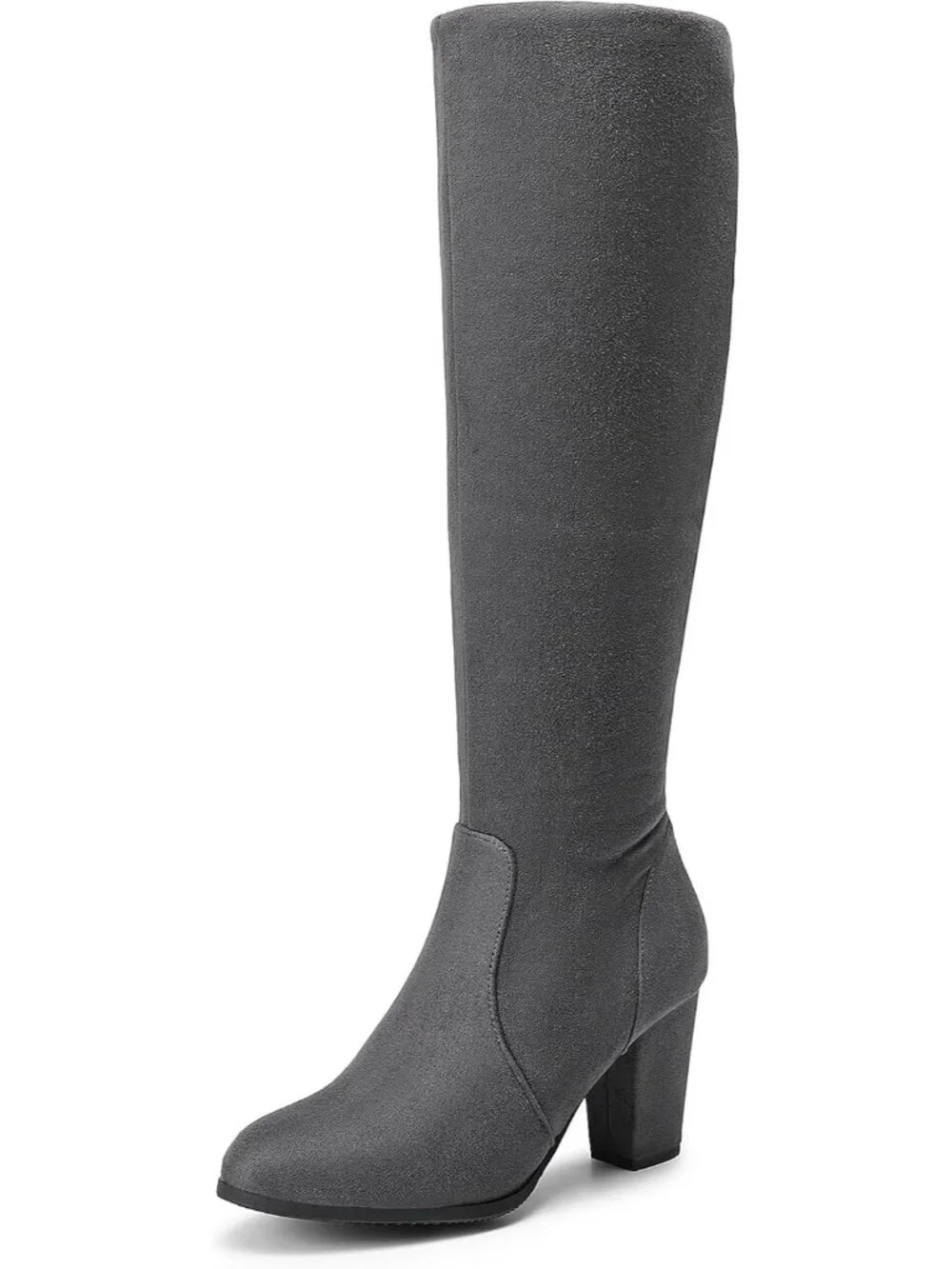 Women's Grey Faux Fur Lined Square Toe Side Zipper Knee High Riding Boots